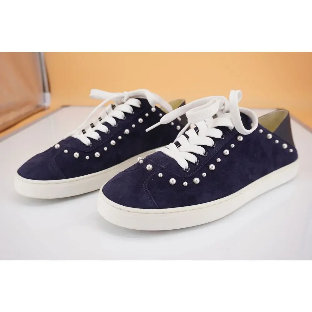 Stuart Weitzman Super Stud Blue Suede Beaded Flat Sneakers Size 9 New $350